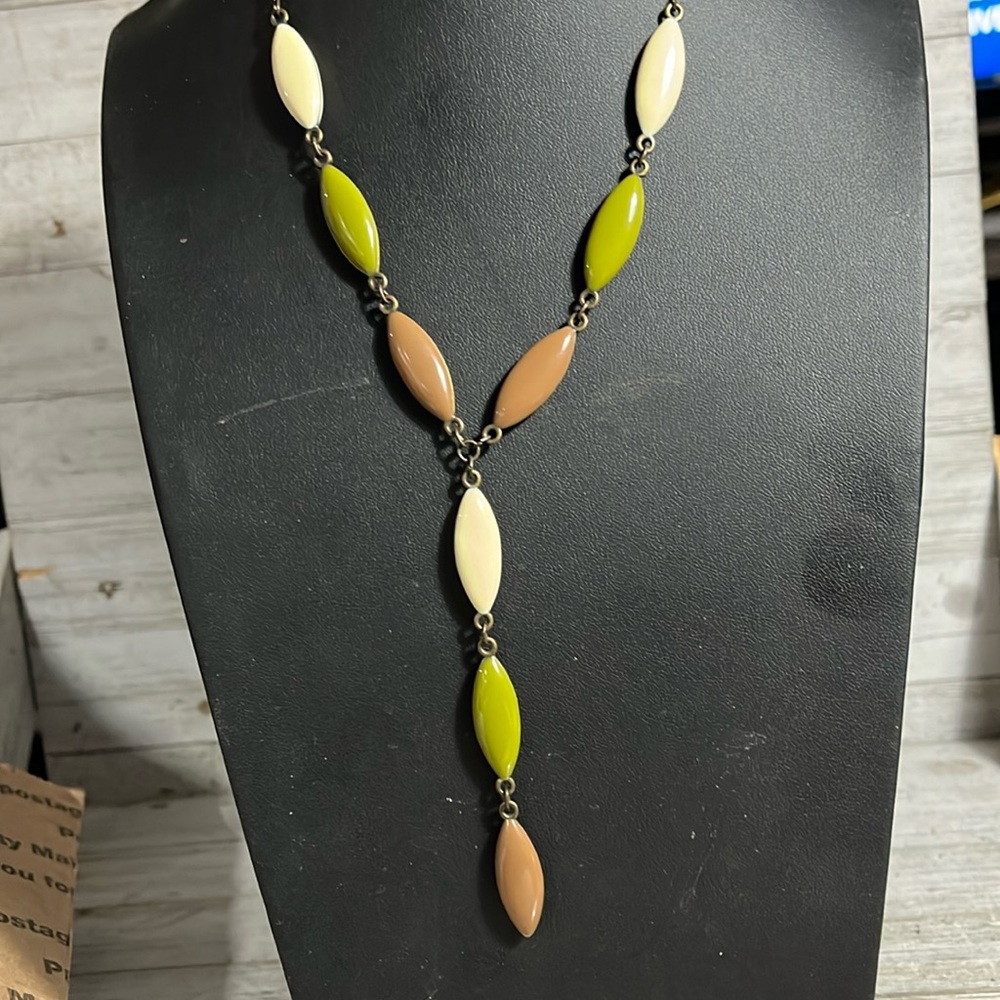 Wallis Green White Enamel Beads Bronze Tone16" Necklace